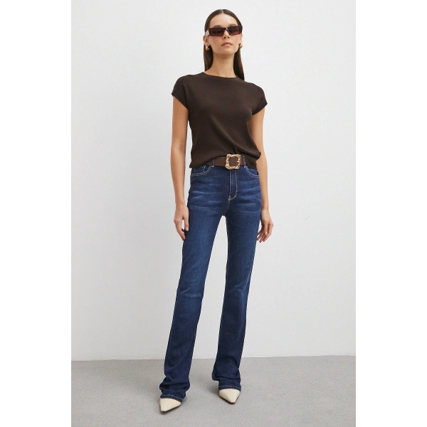 Yüksek Bel Likralı İspanyol Paça Jean Lacivert