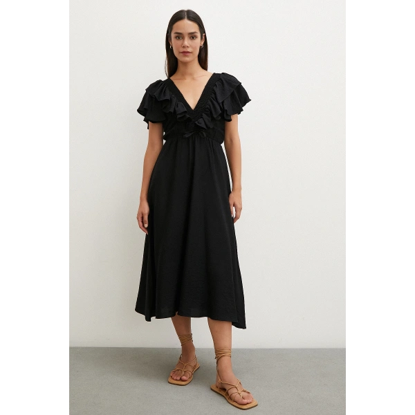 Fırfır Detaylı V Yaka  Gipeli Keten Elbise Siyah
