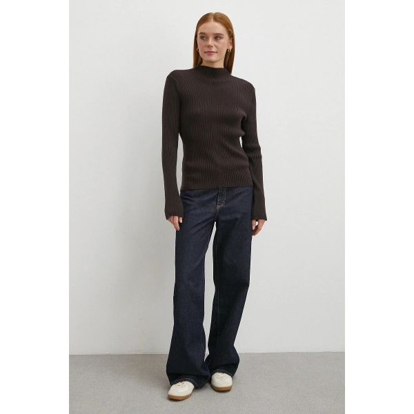 Fitilli Yarım Balıkçı Yaka Kazak Kahve