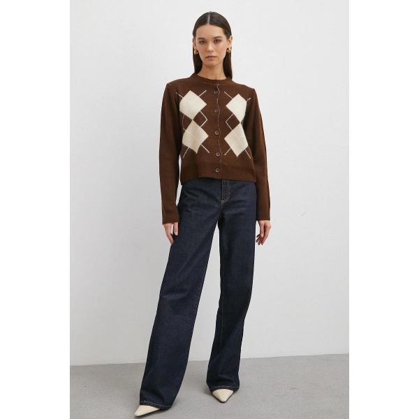 Düğmeli Baklava Desenli Hırka Kahve