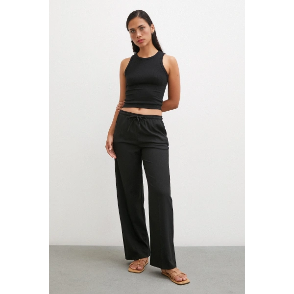 Bol Paça Lastikli Pantolon Siyah