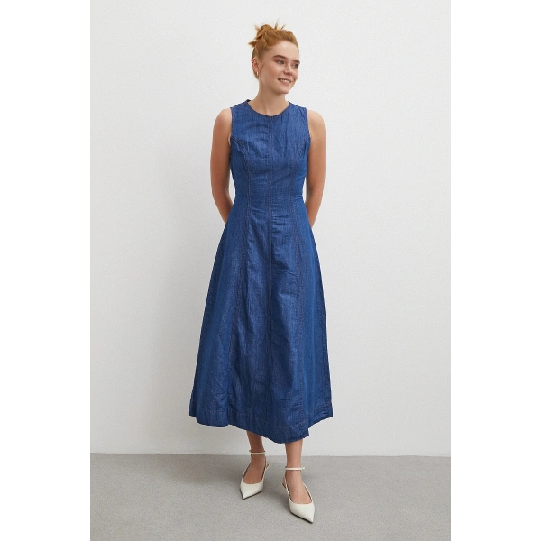 Bisiklet Yaka Kolsuz Premium Uzun Kot Elbise Lacivert