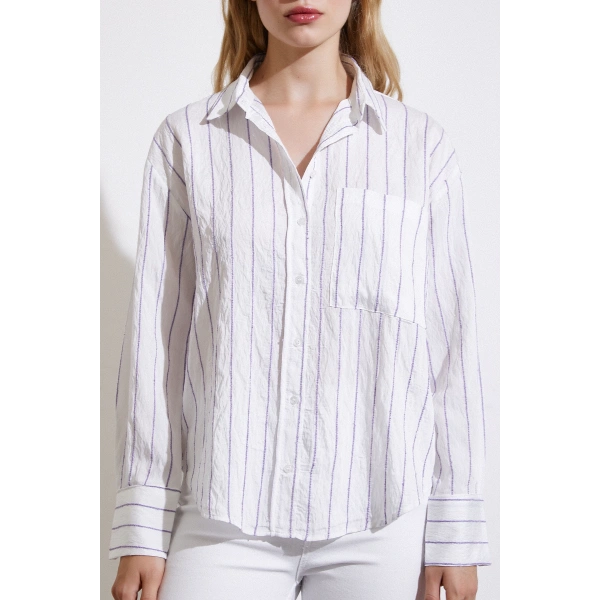 Çizgili Cepli Gömlek Mor