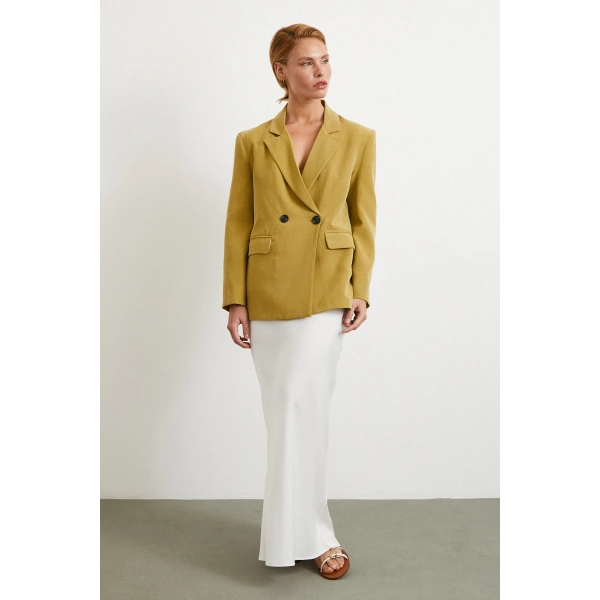 Çift Düğmeli Keten Blazer Ceket Olive