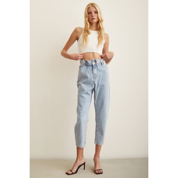 Beli Lastikli Mom Jean Buz Mavisi