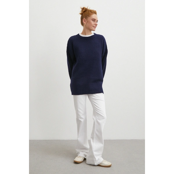 Bisiklet Yaka Fitilli Triko Kazak Lacivert