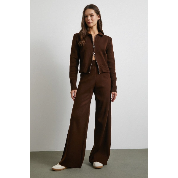 Çift Fermuarlı Hırka Takım Kahve