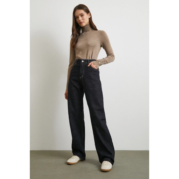 Yüksek Bel Kesik Boru Paça Jean Lacivert