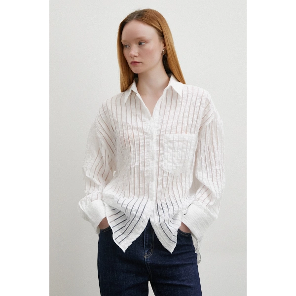 Transparan Çizgili Gömlek Beyaz