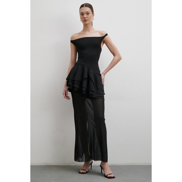 Boyun Askılı Fırfırlı Tül Elbise Siyah