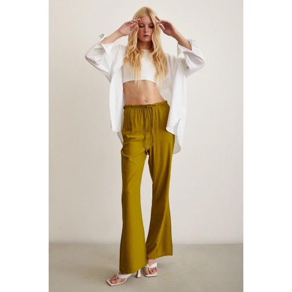 Beli Lastikli Biyeli Yüksek Bel Pantolon Yağ Yeşili