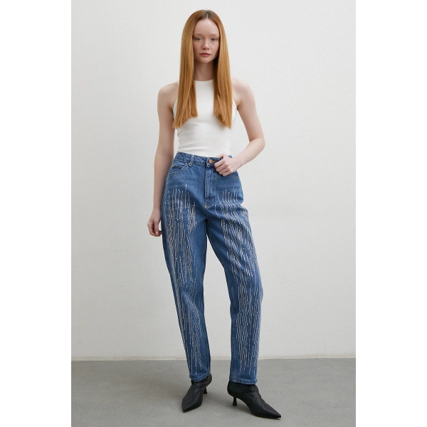 Taş İşlemeli Mom Jean Mavi