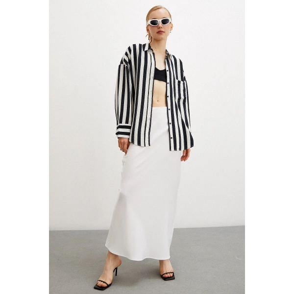 Poplin Çizgili Gömlek Ekru