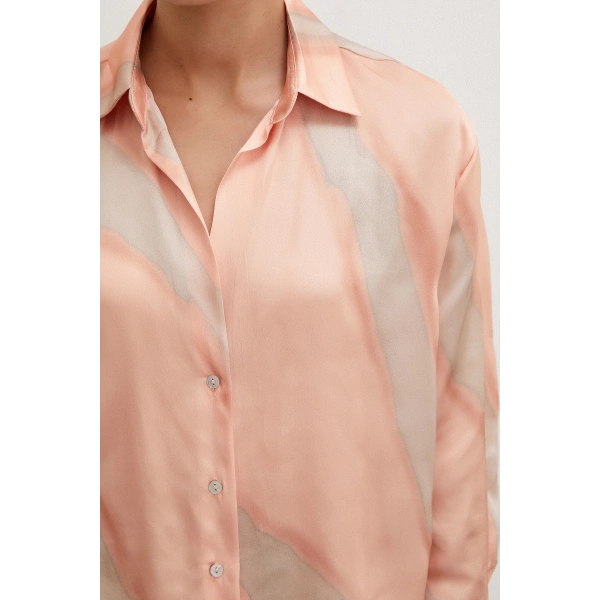 Desenli V Yaka Saten Gömlek Somon