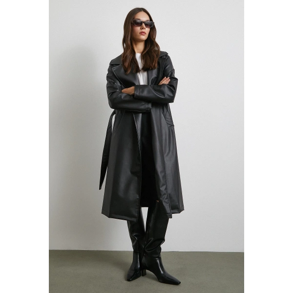 Kuşaklı Deri Pardesü Siyah