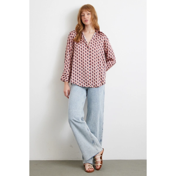 Geometrik Desenli Saten Gömlek Pembe