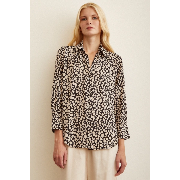 Puantiye Desenli Saten Gömlek Siyah