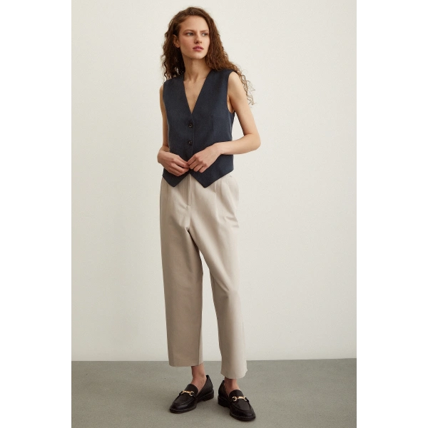 Önü Çift Pileli Pantolon Taş