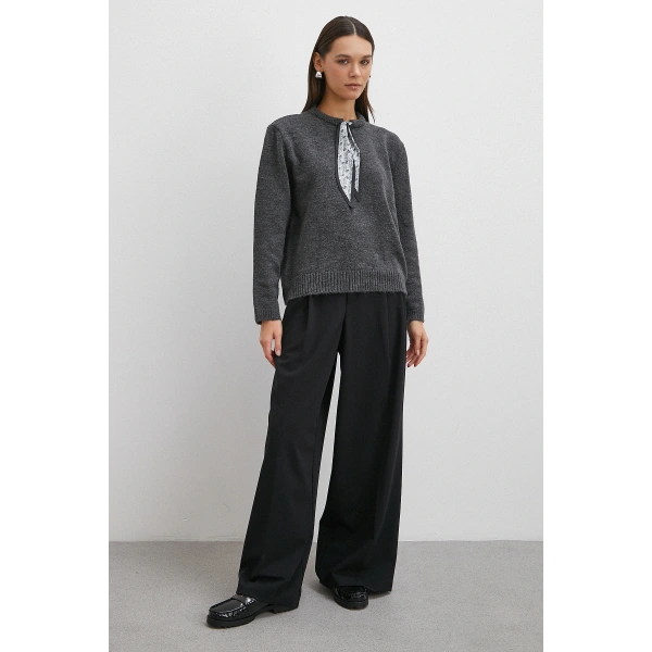 Fularlı Uzun Kollu Kazak Gri