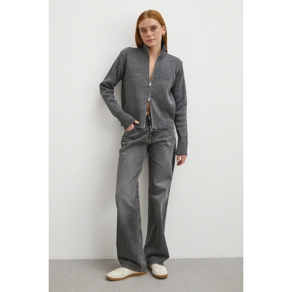 Çift Fermuarlı Triko Hırka Antirasit