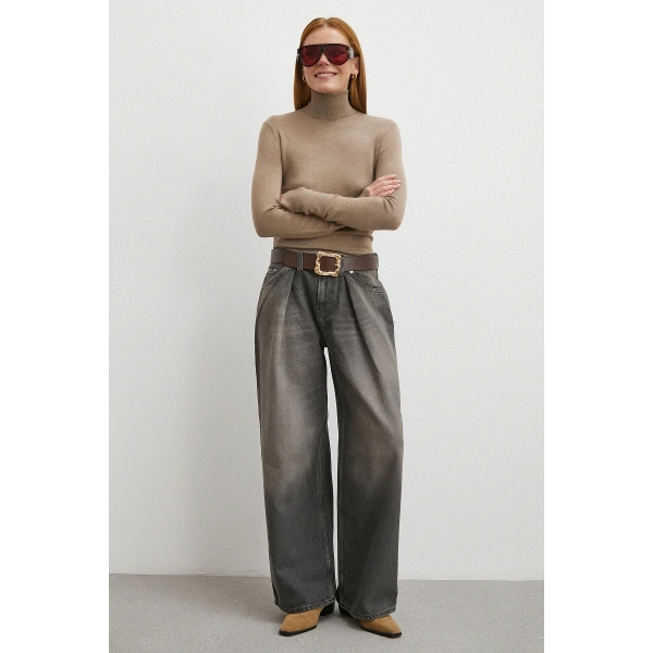 Yüksek Bel Pileli Geniş Paça Jean Füme