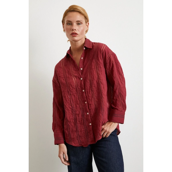 Organze Çizgili Gömlek Bordo