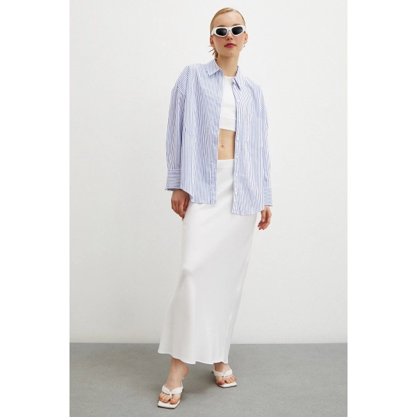 Çizgili Poplin Gömlek Mavi