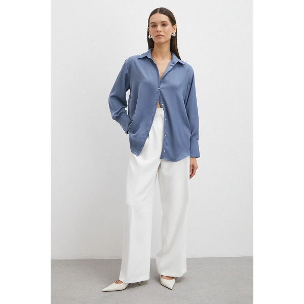 Basic Saten Gömlek İndigo