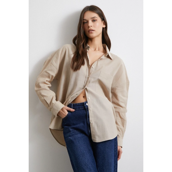 Cepli Oversize Keten  Gömlek Bej