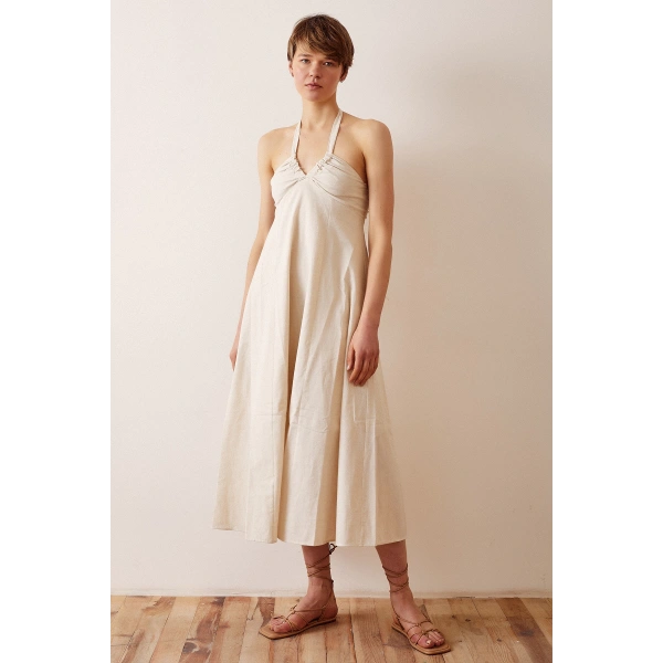 Sırt Dekolteli Askılı Elbise Krem