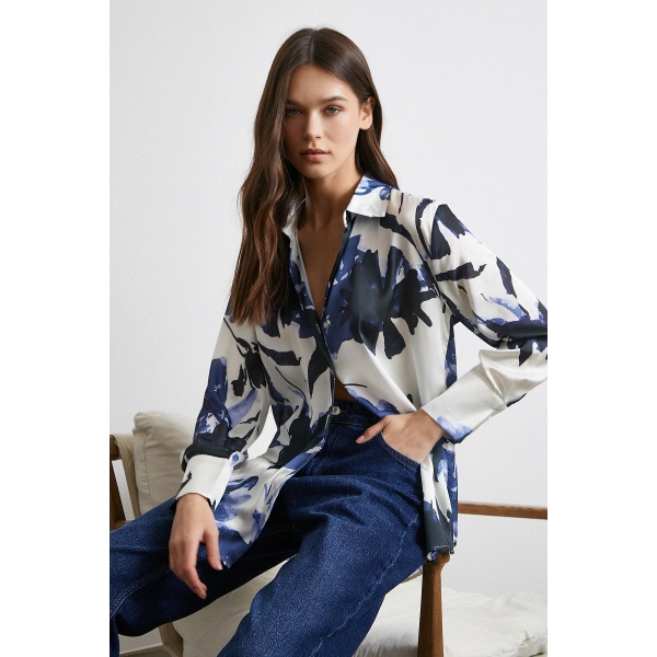 Saten Yüzeyli Desenli Gömlek Lacivert