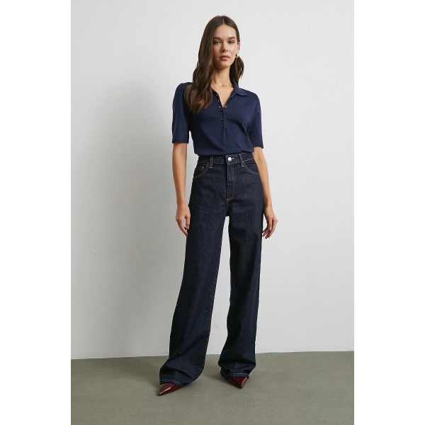 Polo Yaka Düğmeli Kısa Kol Lacivert