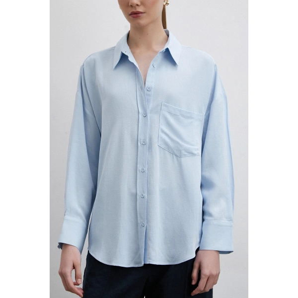 Keten Karışımlı Linen Prunes Gömlek Mavi