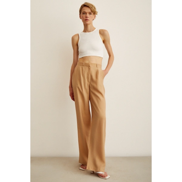 Yüksek Bel Geniş Paça Pantolon Camel