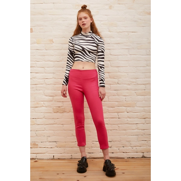 Fermuarlı Tayt Pantolon Fuşya