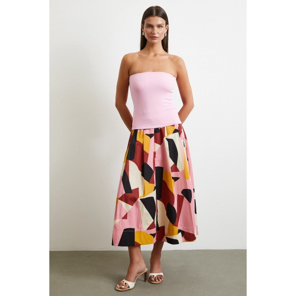 Desenli Midi Etek Pembe