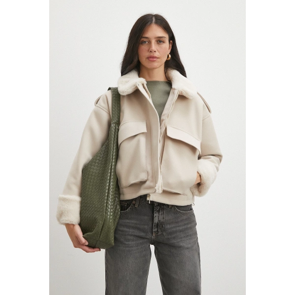 Apoletli Yünlü Körük Cepli Kaşe Mont Bej