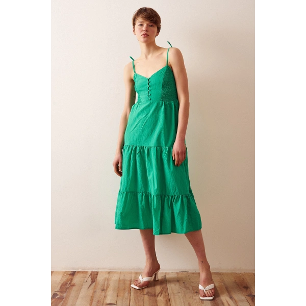 Sırtı Büzgülü Askılı Elbise Yeşil