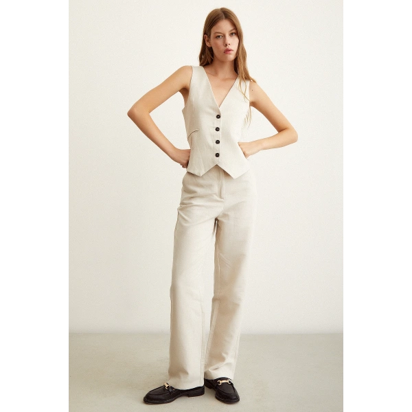 Yüksek Bel Keten Pantolon Bej