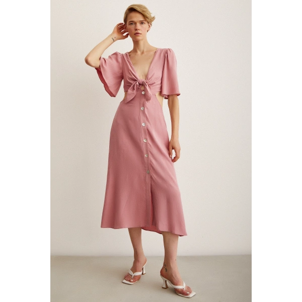 Önü Bağlamalı Balon Omuz Elbise Gül Kurusu