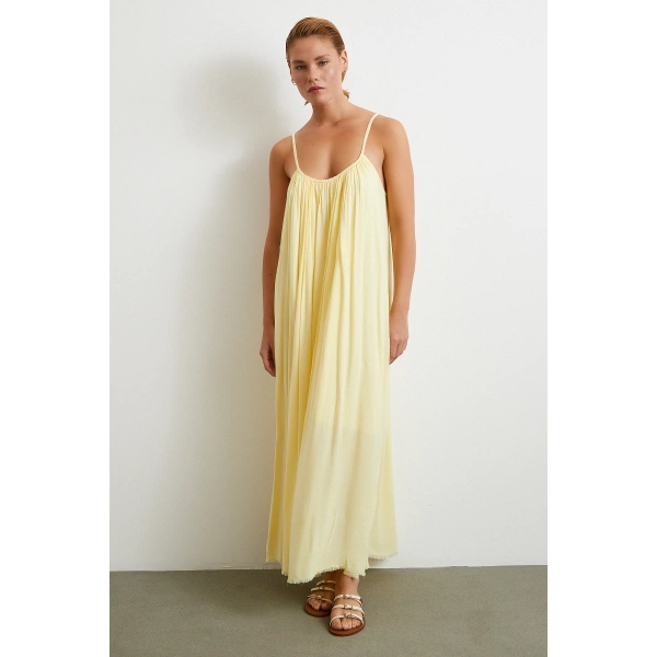 Askılı Piliseli Geniş Elbise Sarı