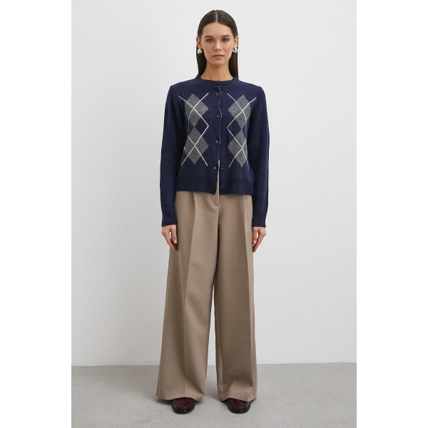 Düğmeli Baklava Desenli Hırka Lacivert