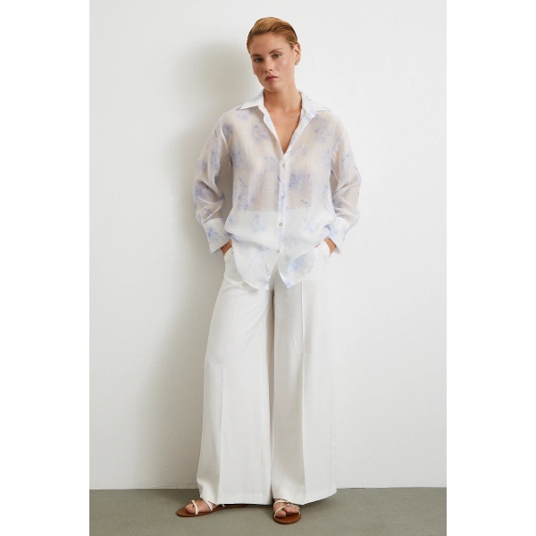 Organze Desenli Tül Gömlek Mavi