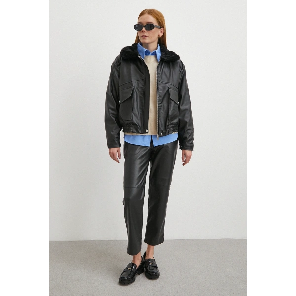 Peluş Astar Detaylı Deri Mont Siyah