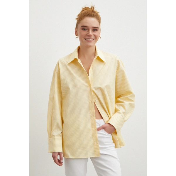 Cepli Çizgili Poplin Gömlek Sarı
