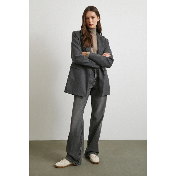 Beş Cepli Yüksek Bel Jean Gri