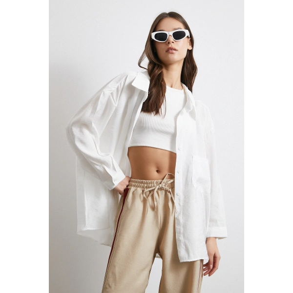 Oversize Cepli Modal Gömlek Beyaz