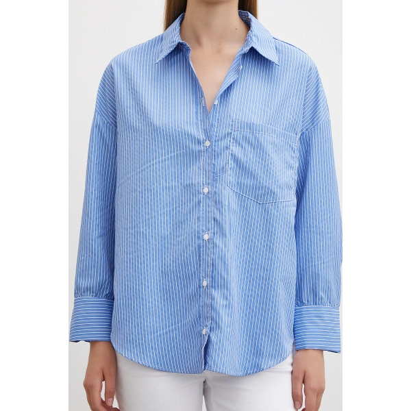 İnce Çizgili Gömlek Mavi