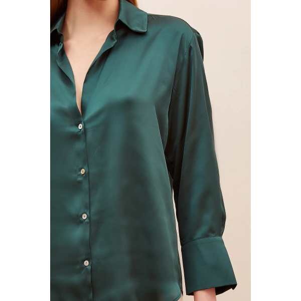 Basic Saten Gömlek Koyu Yeşil