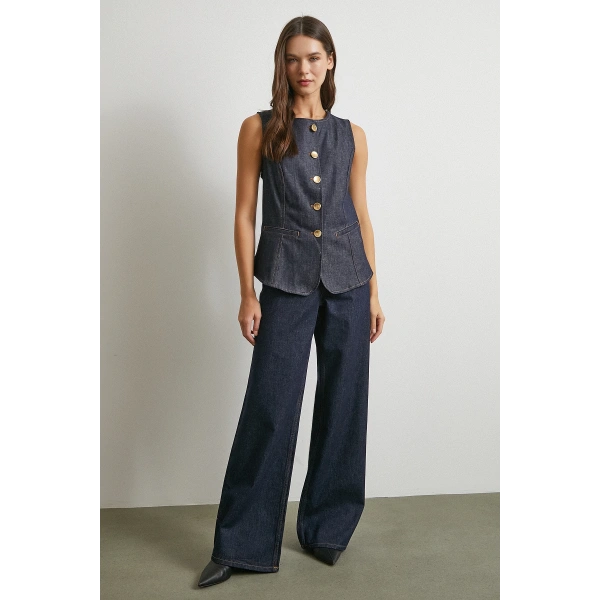 Bisiklet Yaka Metal Düğmeli Denim Yelek Lacivert